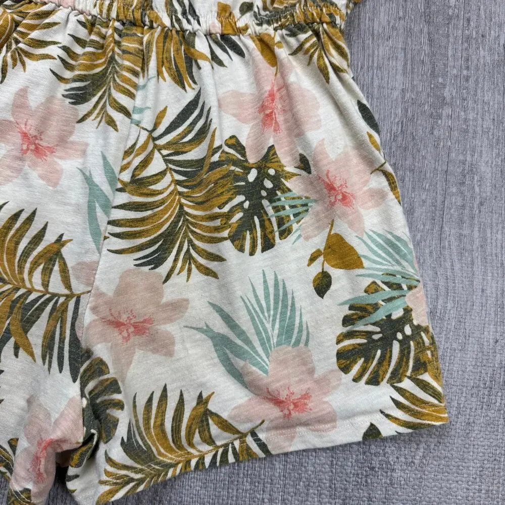 SO Girl's Cream Floral Palm Hibiscus Romper Sz L 10/12 Tropical Beachy Summer